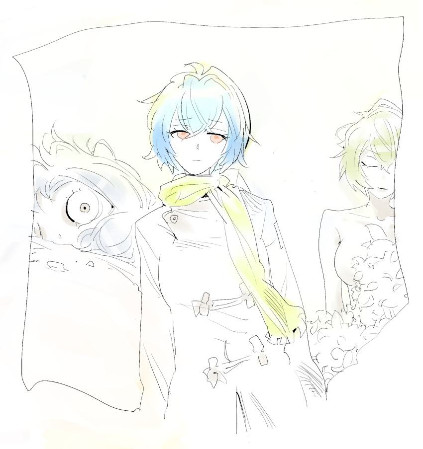 1girl, ayanami_rei, blue_hair, censored, coat, creepy, dabosu, frown
