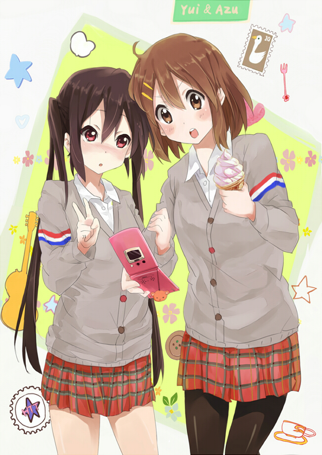 black_hair, black_legwear, brown_eyes, brown_hair, cardigan, cellphone, hirasawa_yui, k-on!, k-on!_movie, long_hair, multiple_girls, nakano_azusa, niangao, pantyhose, phone, plaid, plaid_skirt, short_hair, skirt, sweater, twintails