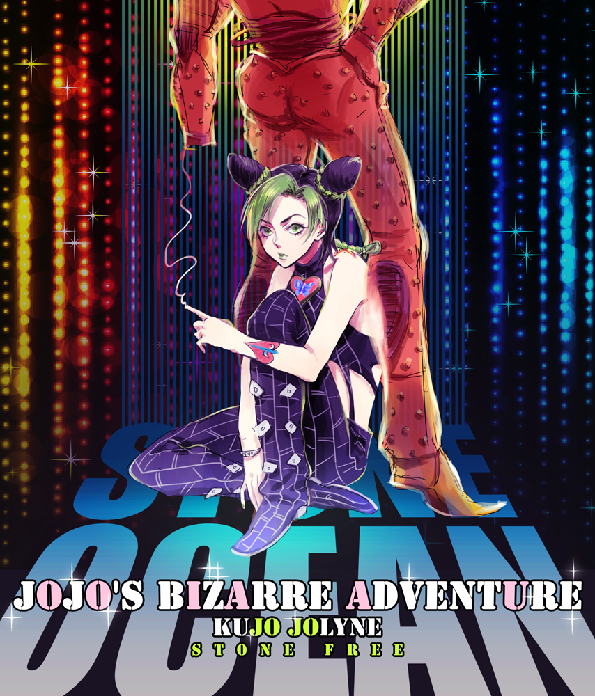 black_hair, braid, double_bun, green_hair, jojo_no_kimyou_na_bouken, kugukiugu, kuujou_jolyne, midriff
