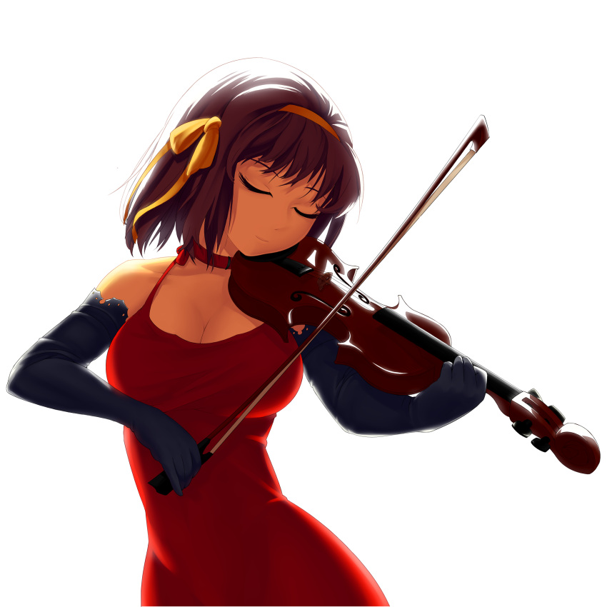absurdres, arantheus, black_gloves, breasts, brown_hair, choker, cleavage, closed_eyes