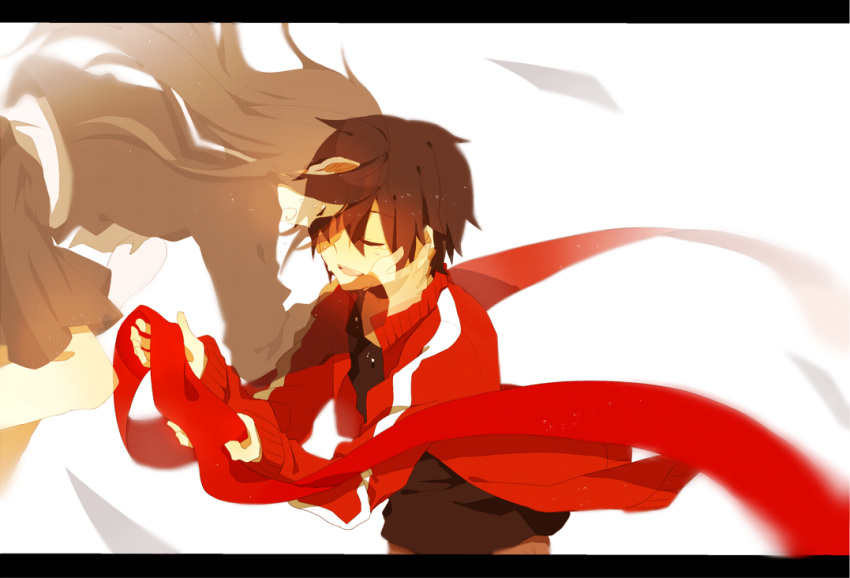 1girl, ayano_(kagerou_project), brown_hair, closed_eyes, eyes_closed, jacket, kagerou_project, kisaragi_shintarou, long_hair, motineko, scarf, school_uniform, short_hair, smile, tears, toumei_answer_(vocaloid)
