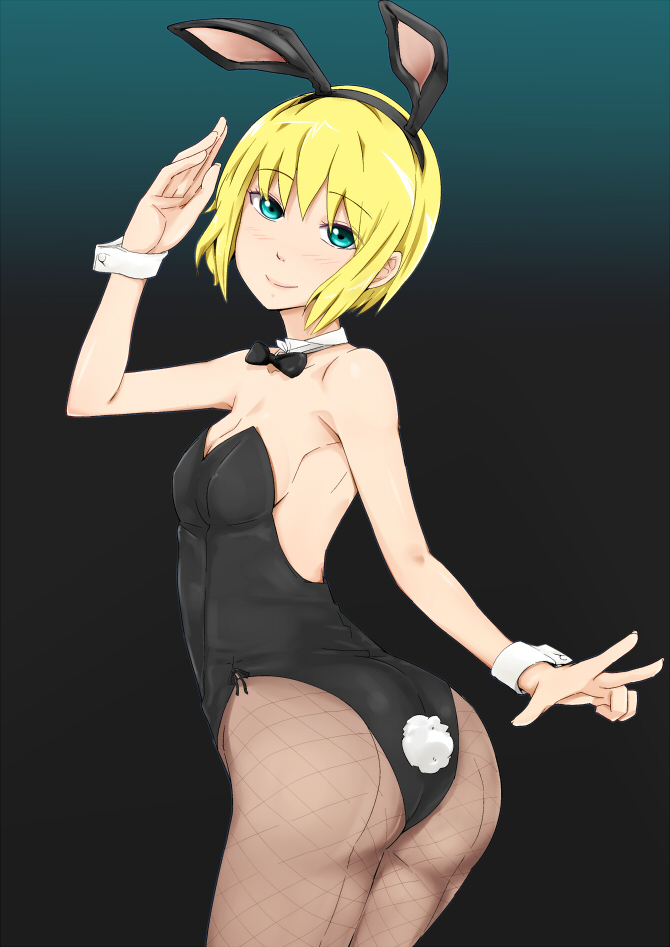 animal_ears, ass, blonde_hair, bowtie, bunny_ears, bunny_girl, bunny_tail, bunnysuit
