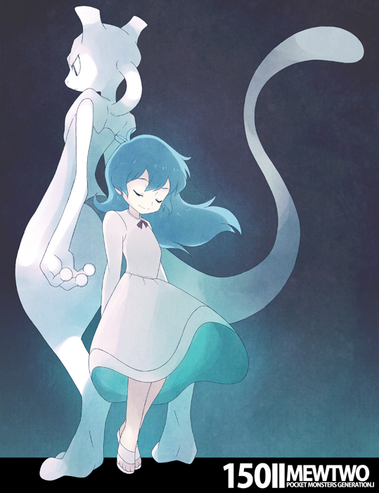 1girl, ai_(pokemon), back-to-back, closed_eyes, dress, green_hair, mewtwo, pokemon, pokemon_(anime), pokemon_(creature), sandals, size_difference, souji