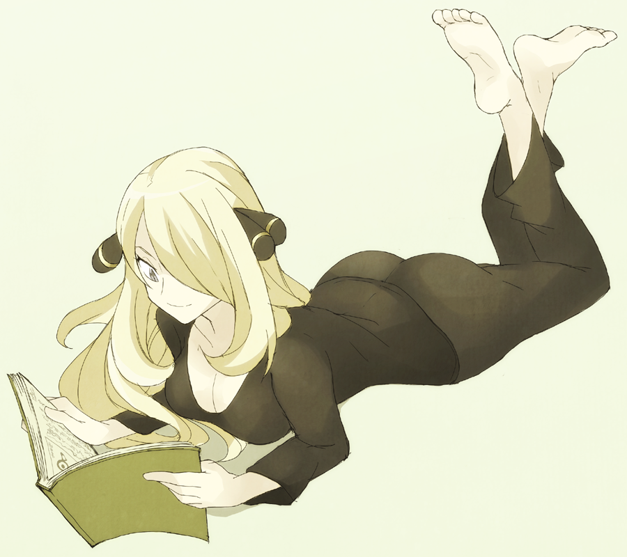 blonde_hair, blue_eyes, book, feet, hair_ornament, hair_over_one_eye, lying, on_stomach