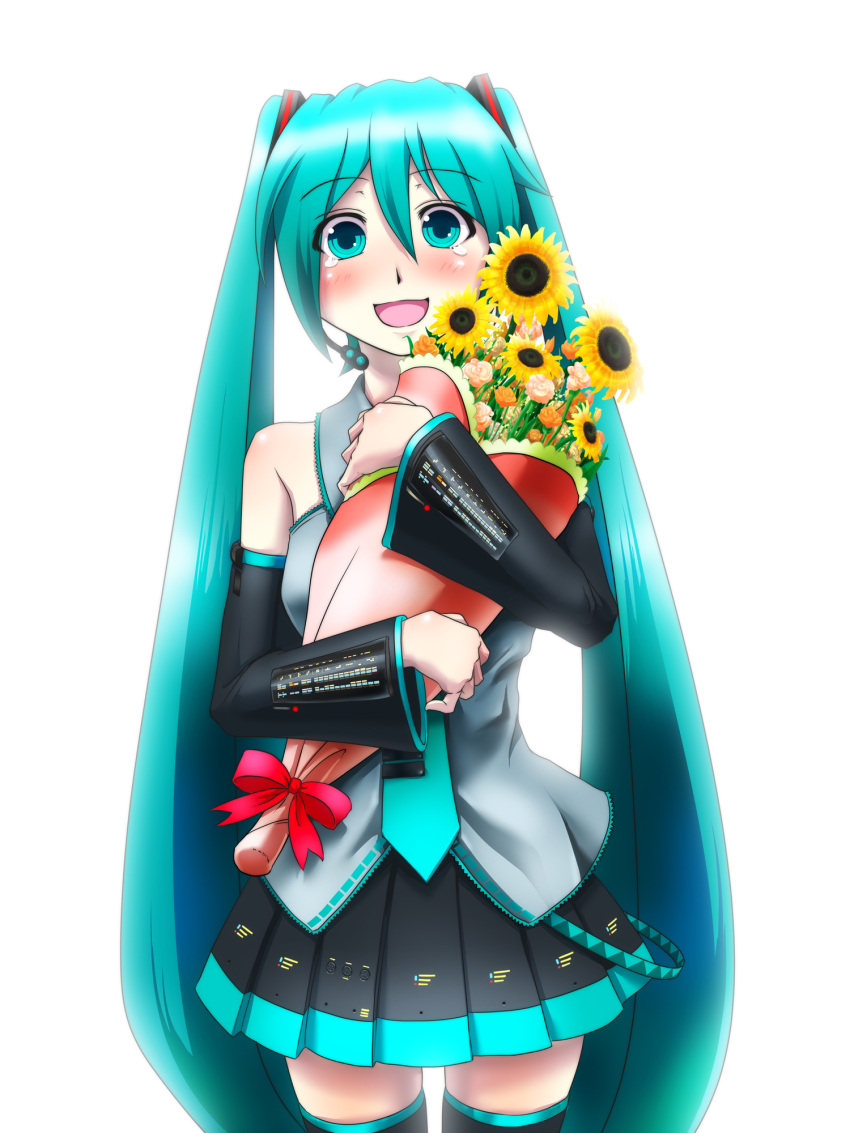 1girl, aqua_eyes, aqua_hair, blush, bouquet, detached_sleeves, flower, hatsune_miku