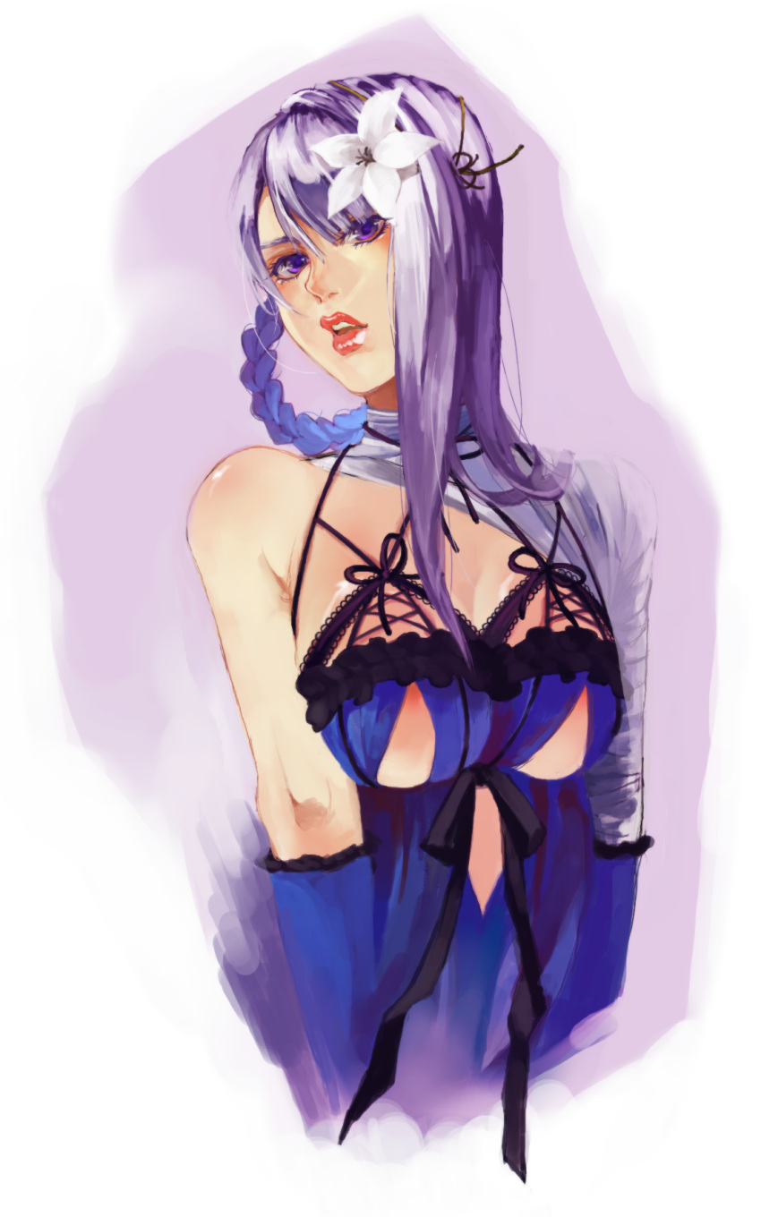 bandage, braid, breasts, flower, gloves, hair_flower, hair_ornament, halu-ca