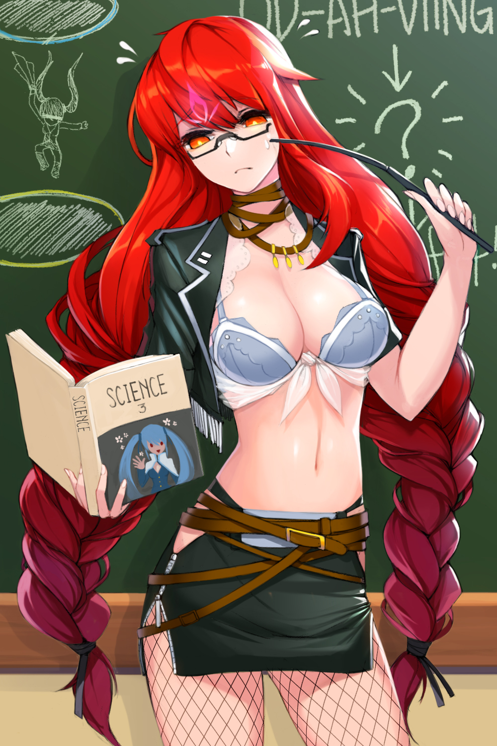 1girl, ?, alternate_costume, belt, blue_hair, book, braid, breasts