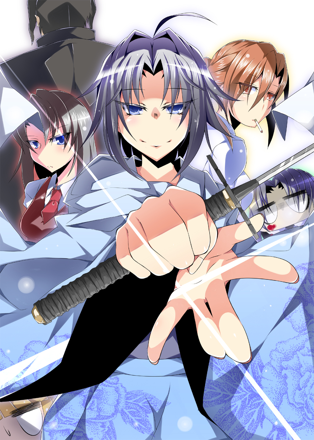 3girls, ahoge, aozaki_touko, araya_souren, black_hair, blue_eyes, brown_eyes, brown_hair