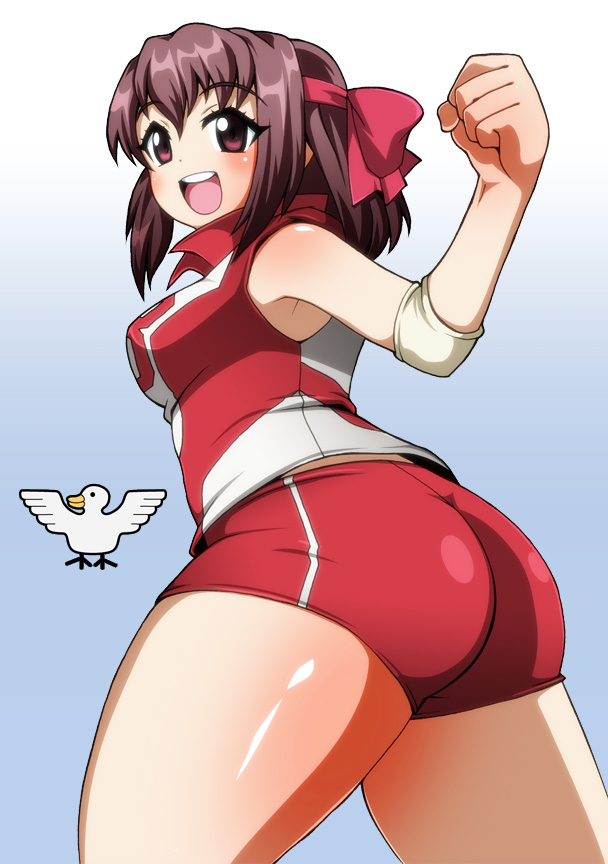ass, back, blush, breasts, brown_eyes, brown_hair, buruma, emblem
