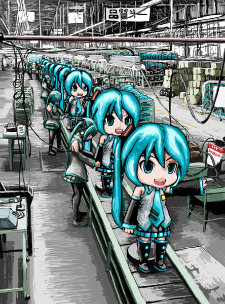 6+girls, aqua_eyes, aqua_hair, conveyor_belt, factory, hatsune_miku, long_hair, mikudayoo
