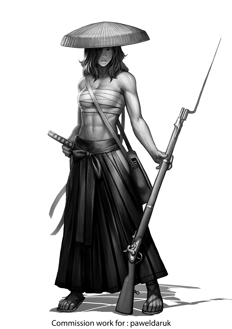 abs, antique_firearm, bag, bare_shoulders, bayonet, caplock, copyright_request, gotgituey