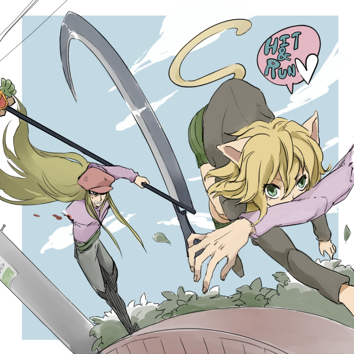blonde_hair, blood, cat_ears, cat_tail, curly_hair, green_eyes, hat, hunter_x_hunter, izatama, kite_(hunter_x_hunter), long_hair, nefelpitou, running, scythe, short_hair, tail