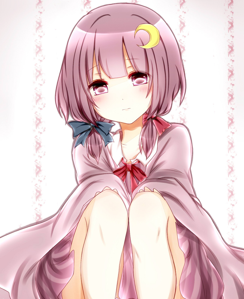 alternate_hair_length, alternate_hairstyle, blush, crescent, dress, hair_ribbon, hands_on_knees, highres, long_hair, looking_at_viewer, misa_(kaeruhitode), no_hat, no_headwear, patchouli_knowledge, purple_eyes, purple_hair, ribbon, short_hair, sitting, solo, striped, touhou, violet_eyes