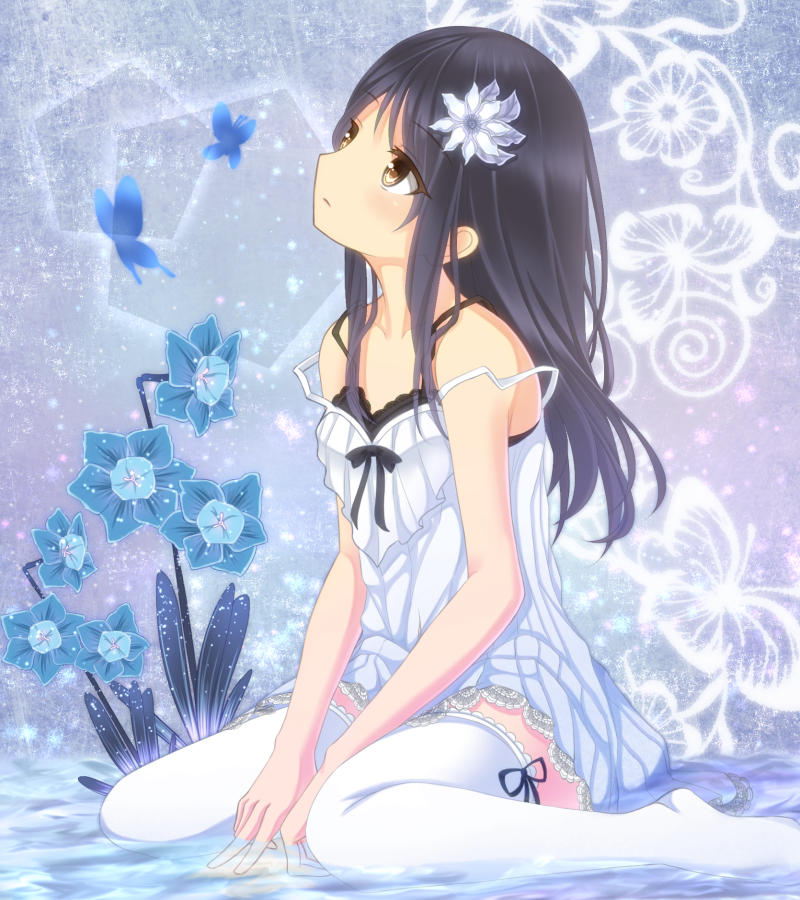 black_hair, brown_eyes, butterfly, flower, hair_flower, hair_ornament, long_hair, original, sitting, solo, soujun7023, strap_slip, thigh-highs, thighhighs, wariza, water, white_legwear
