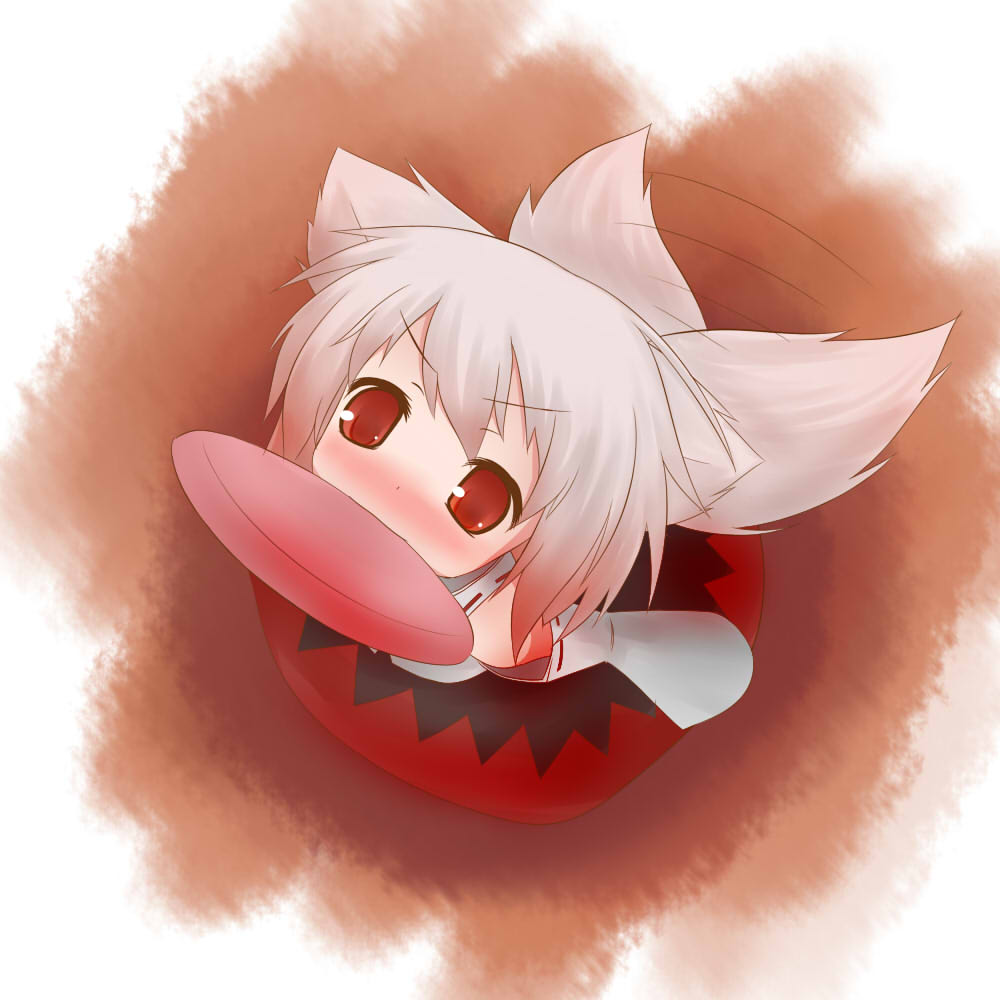 animal_ears, blush, detached_sleeves, frisbee, from_above, inubashiri_momiji, looking_up, mouth_hold