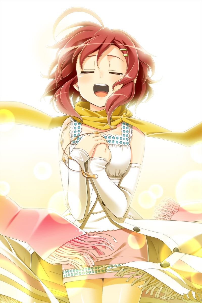ahoge, bloom, deardrops, fringe, fujimaru_(bluebrand), game_cg, hands_on_own_chest, highres, light_particles, miniskirt, open_mouth, red_hair, redhead, sakurai_kanade_(deardrops), scarf, short_hair, skirt, solo, tears