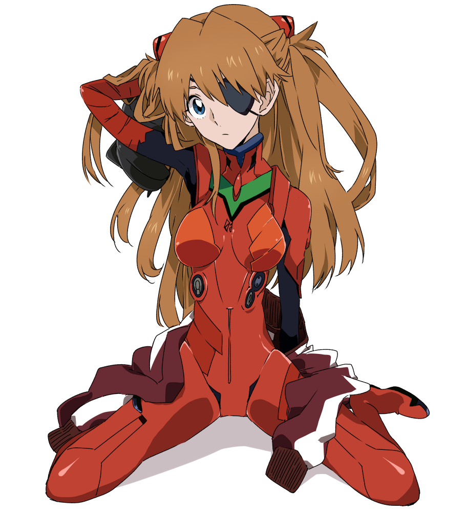 arm_up, blue_eyes, bodysuit, breasts, brown_hair, evangelion:_3.0_you_can_(not)_redo, eyepatch, hair_ornament