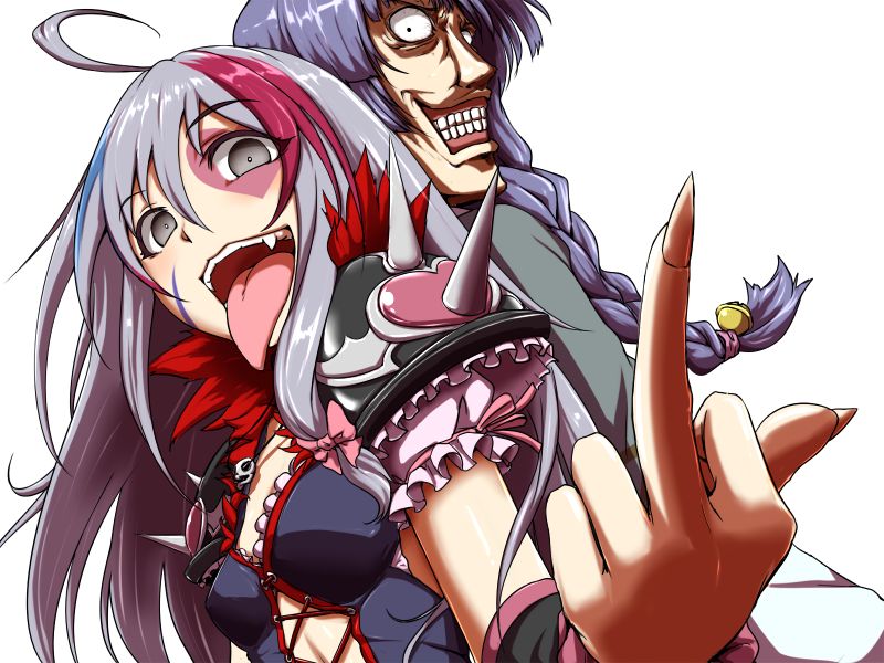 2girls, ahoge, back-to-back, blue_hair, braid, clearite, facial_tattoo, fingernails, grey_eyes, grey_hair, grin, hoshi_shouko, idolmaster, idolmaster_cinderella_girls, long_fingernail, long_fingernails, long_hair, looking_at_viewer, middle_finger, multicolored_hair, multiple_girls, open_mouth, pink_hair, sajou_yukimi, sharp_fingernails, silver_hair, single_braid, smile, spikes, tattoo, tongue, tongue_out