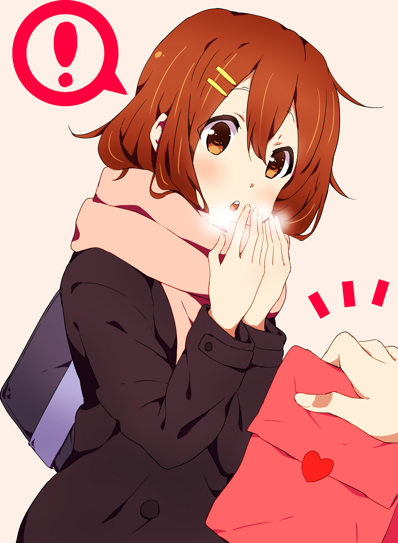 1girl, :o, bag, blowing, blush, brown_eyes, brown_hair, cold, girock, heart, hirasawa_yui, holding, k-on!, scarf, short_hair, simple_background, solo, white_background