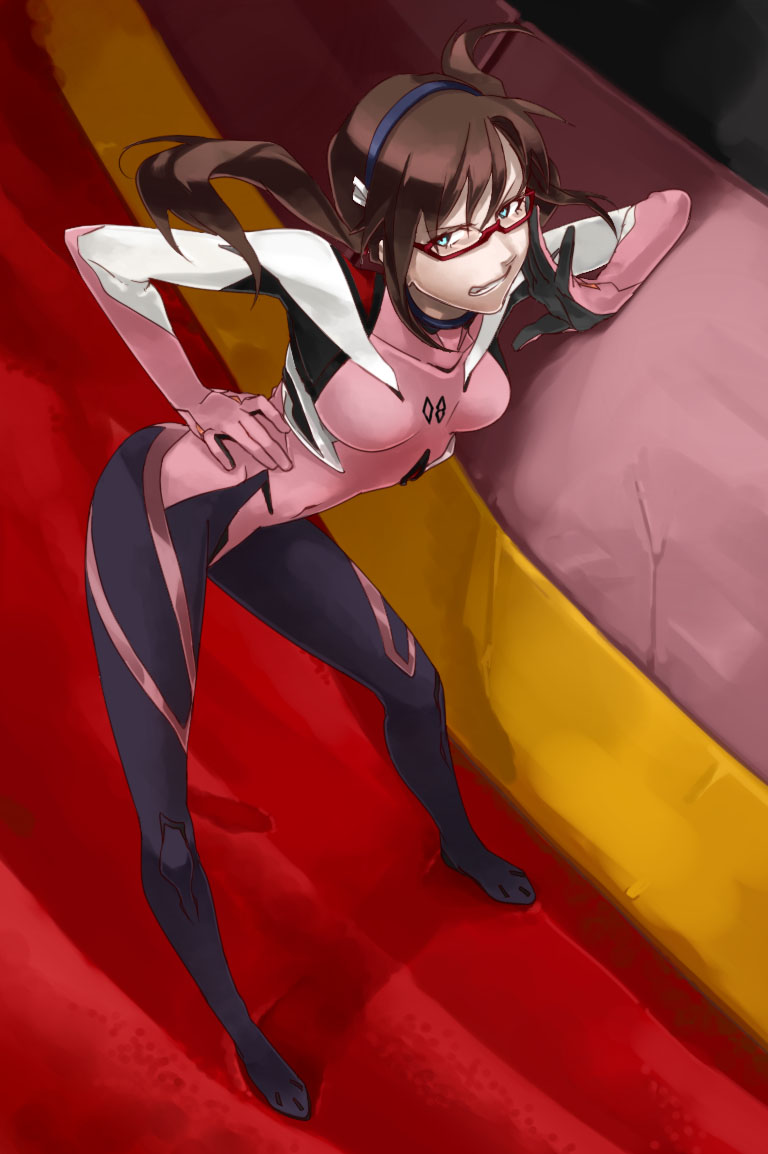 adjusting_glasses, blue_eyes, brown_hair, clothed_navel, evangelion:_3.0_you_can_(not)_redo, foreshortening, from_above, glasses