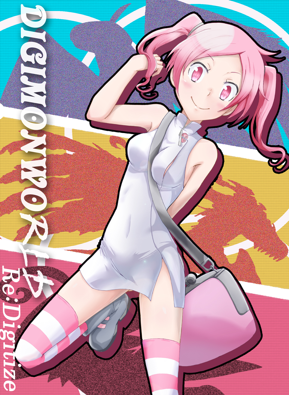 bag, bare_shoulders, birdramon, biyomon, blush, breasts, digimon_world_re:digitize, dress