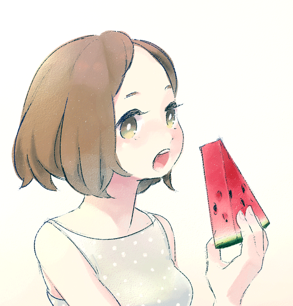 brown_hair, eating, food, fruit, green_eyes, open_mouth, original, polka_dot