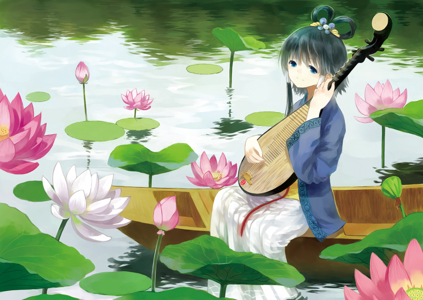 black_hair, blue_eyes, bot, flower, hair_ornament, hair_rings, hair_tubes, highres