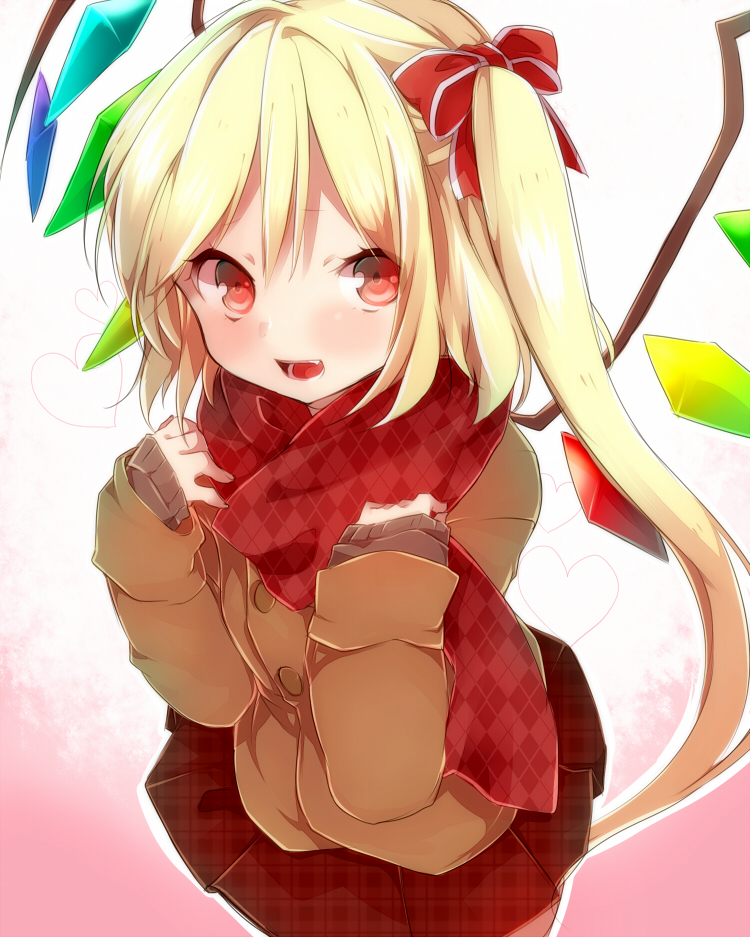 alternate_costume, argyle, argyle_scarf, blonde_hair, blush, cardigan, contemporary, fang