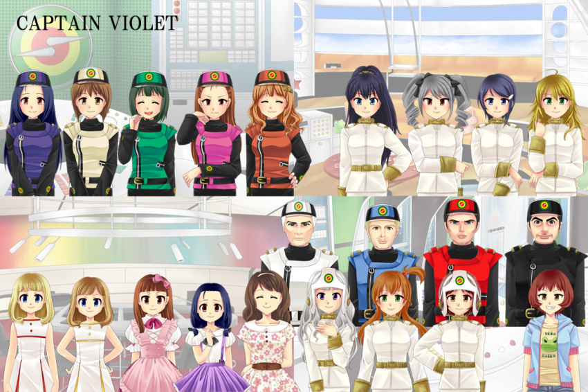 >:|, 4boys, 6+girls, :3, ahoge, belt, blonde_hair, blue_eyes, blue_hair, bow, bracelet, brown_eyes, character_request, cherry_peachcat, child, closed_eyes, commentary, couch, dress, drill_hair, eyes_closed, floral, ganaha_hibiki, green_eyes, grey_hair, grin, hair_bow, hair_ornament, hairband, hairclip, hand_on_hip, hands_on_hip, hat, headwear, holding_arm, hoodie, hoshii_miki, idolmaster, jewelry, kanzaki_ranko, long_hair, minase_iori, miura_azusa, multiple_boys, multiple_girls, open_mouth, orange_hair, otonashi_kotori, ponytail, purple_eyes, red_eyes, short_hair, sleeveless, smile, standing, stuffed_animal, stuffed_toy, twintails, violet_eyes, wavy_hair, white_hair