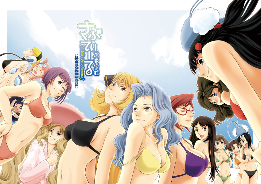 6+girls, akosan, altaria, alternate_costume, arm_behind_back, back, back-to-back, bangs, bikini, black_hair, blonde_hair, blue_(pokemon), blue_eyes, blunt_bangs, bob_cut, bow, breasts, brown_eyes, brown_hair, cattleya_(pokemon), closed_eyes, cloud, clouds, cover, eyes_closed, from_below, fuuro_(pokemon), glasses, hair_bow, hair_ornament, hair_over_one_eye, hand_on_hip, haruka_(pokemon), hikari_(pokemon), iris_(pokemon), kamitsure_(pokemon), kanna_(pokemon), karin_(pokemon), kotone_(pokemon), large_breasts, lips, long_hair, looking_down, mai_(pokemon), multiple_girls, navel, no_hat, no_headwear, off_shoulder, on_head, one-piece_swimsuit, open_mouth, parted_lips, pokemon, pokemon_(game), pokemon_bw, pokemon_dppt, pokemon_hgss, pokemon_rse, ponytail, purple_hair, red-framed_glasses, red_hair, redhead, robe, shikimi_(pokemon), shirona_(pokemon), short_hair, silver_hair, sky, smile, swablu, swimsuit, touko_(pokemon), translated, translation_request, twintails, very_long_hair, wavy_hair, wide_face