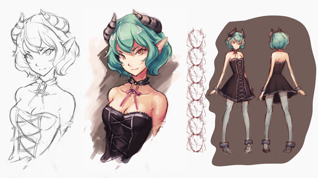 bare_shoulders, black_dress, breasts, character_sheet, choker, cleavage, concept_art, demon_girl