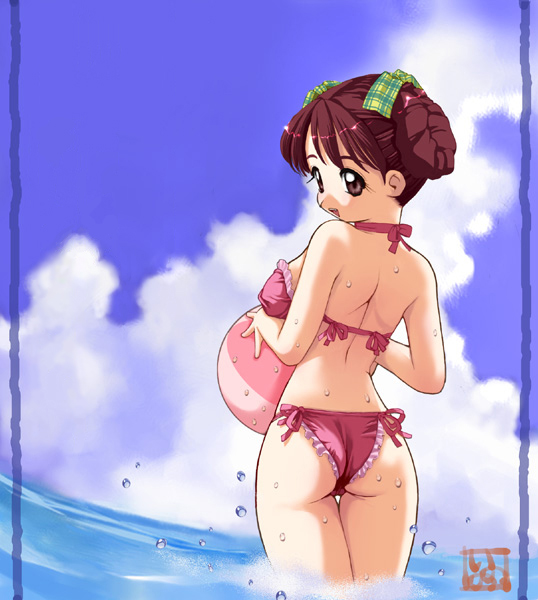 ass, ball, beachball, bikini, brown_hair, cloud, clouds, copyright_request