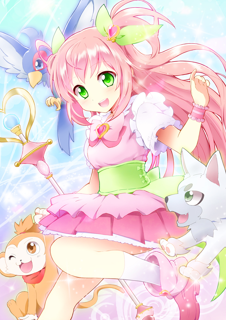 :d, bird, dog, genderswap, green_eyes, hatasuke, magical_girl, momotarou, monkey, open_mouth, original, pink_hair, princess_royale, smile, twintails, two_side_up, wand