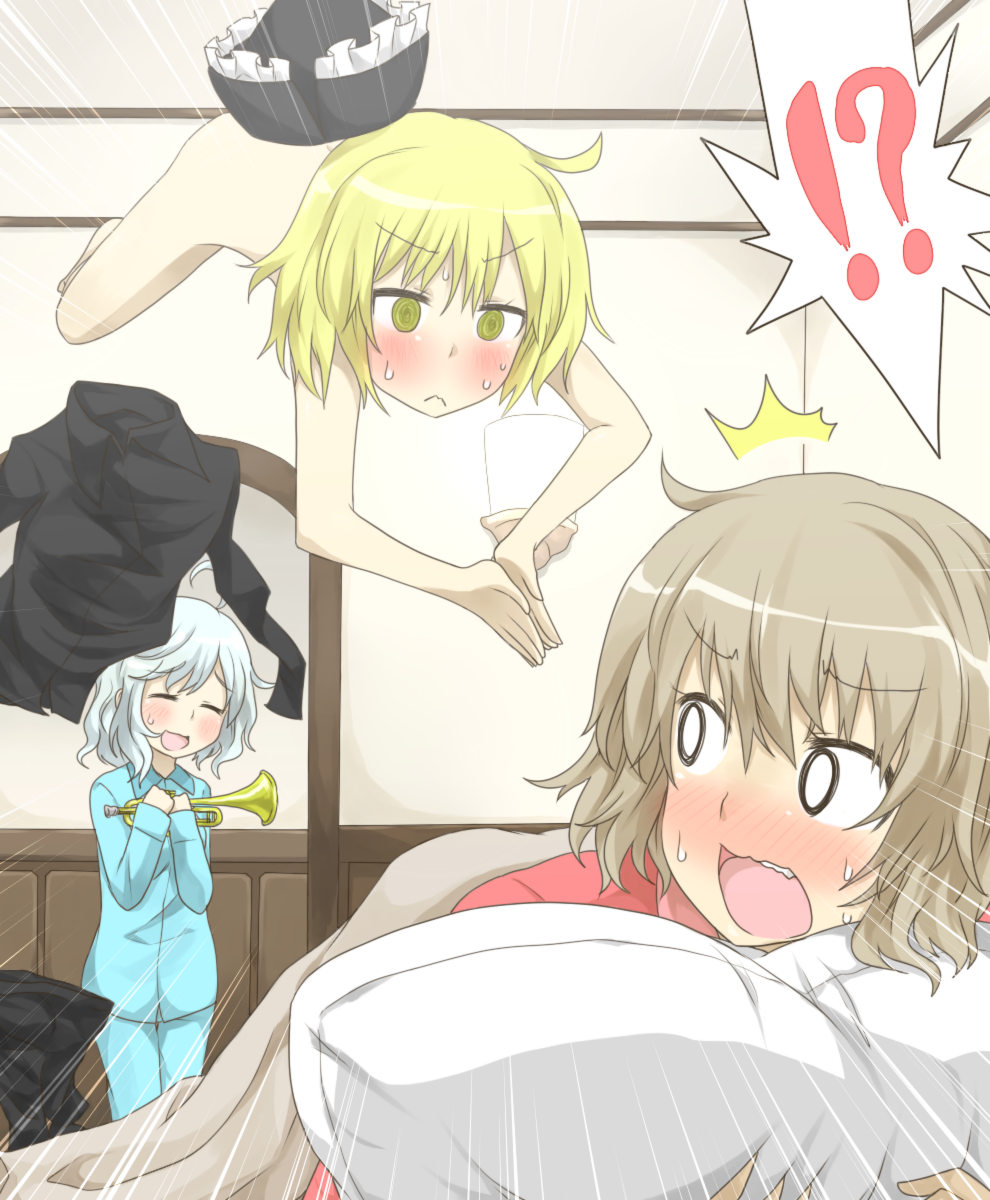 3girls, =_=, blonde_hair, blush, brown_hair, hat, hat_removed, headwear_removed
