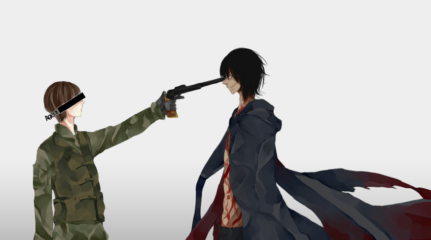 2boys, black_hair, brown_hair, cape, censored, dark_skin, gloves, gun