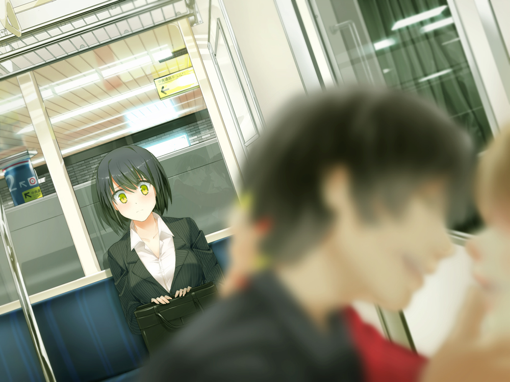 1boy, 2girls, black_hair, blurry, blush, business_suit, commentary_request, couple, depth_of_field, door, dress_shirt, eye_contact, female, girl_m, green_eyes, hand_on_another's_neck, looking_at_another, male, multiple_girls, office_lady, original, pinstripe_pattern, pinstripe_suit, reflection, shirt, short_hair, sitting, solo_focus, train, train_interior, window
