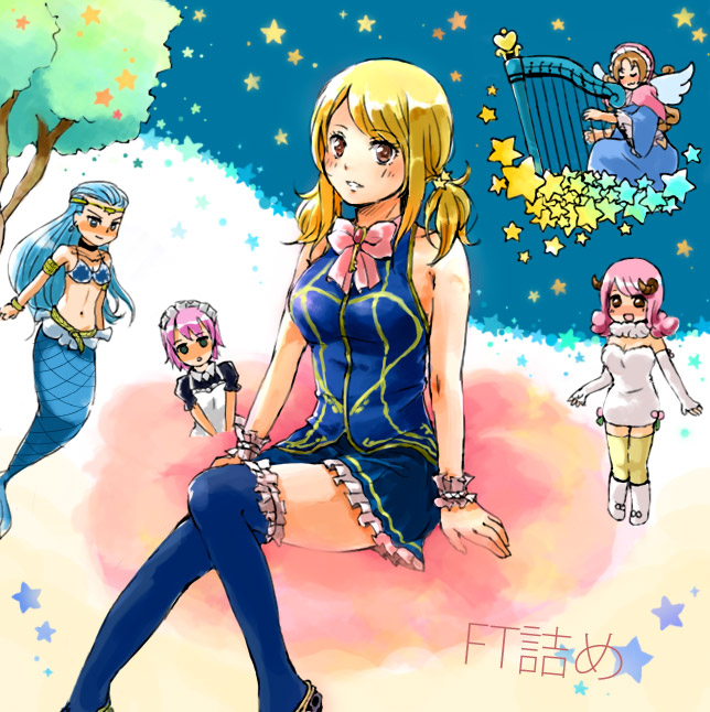 aquarius_(fairy_tail), aries_(fairy_tail), blonde_hair, blue_legwear, bow, brown_eyes, fairy_tail, garters
