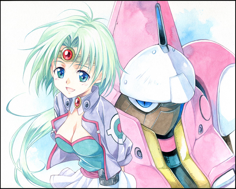agahari, arms_behind_back, blue_eyes, breasts, brooch, circlet, cleavage, gradient_hair, green_eyes, green_hair, haou_taikei_ryuu_knight, jewelry, long_hair, magidora, mecha, multicolored_hair, paffy_pafuricia, very_long_hair