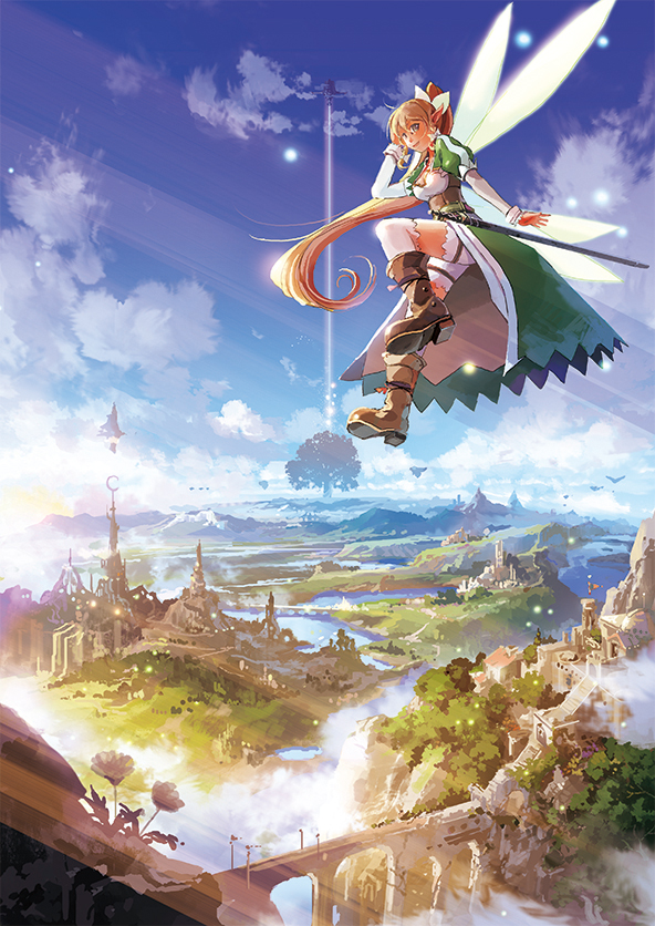 blonde_hair, boots, bridge, cloud, clouds, fairy_wings, landscape, leafa