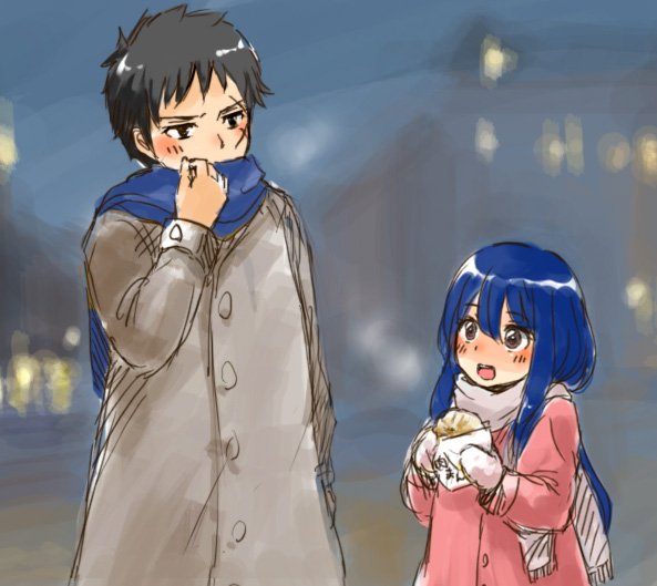 1girl, akane_(imochimo), blue_hair, blush, coat, doranbolt_(fairy_tail), fairy_tail, food, mest, mittens, scarf, wendy_marvell