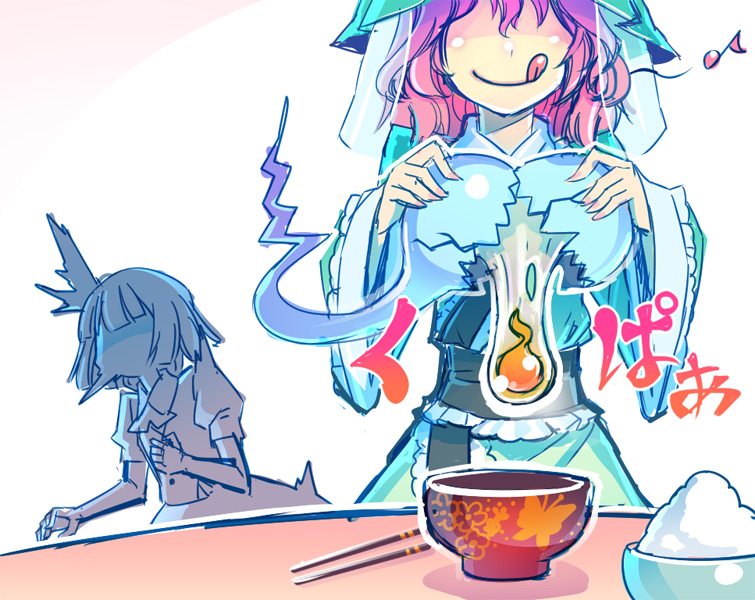 :q, blush, bowl, broken_egg, chopsticks, hat, hitodama, konpaku_youmu
