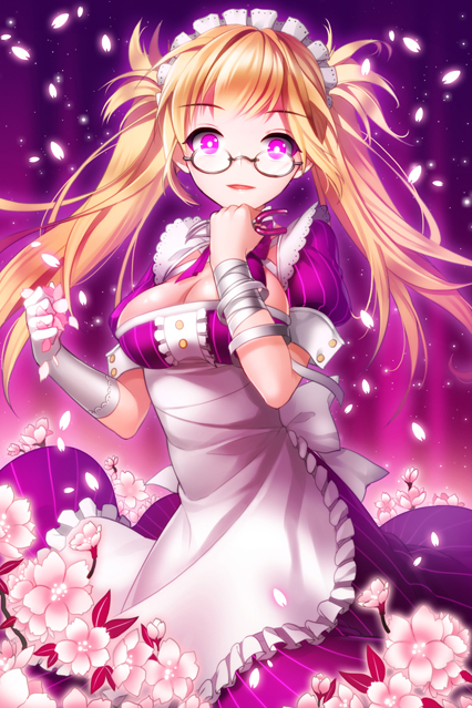 apron, bandage, bandages, blonde_hair, bow, breasts, cleavage, clenched_hands, dress, flower, frills, gardener_maid, glasses, gloves, grin, holding, long_hair, maid, maid_headdress, open_mouth, petals, pink_eyes, pinstripe_pattern, smile, striped, sword_girls
