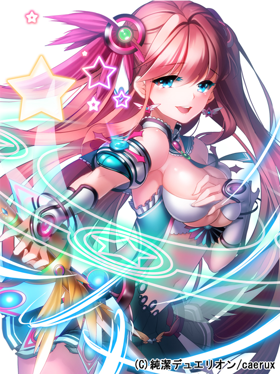 aile_(crossroads), armpits, blue_eyes, breasts, detached_sleeves, earrings, jewelry, junketsu_du_elion