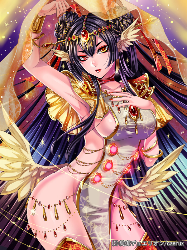armpits, black_hair, bracelet, braid, breasts, double_bun, earrings, head_wings, heterochromia, jewelry, junketsu_du_elion, junketsu_duelion, junketsu_duelion, large_breasts, lips, lipstick, long_hair, looking_at_viewer, makeup, matsurika_youko, nail_polish, no_panties, official_art, original, sideboob, solo, translated, very_long_hair, wings