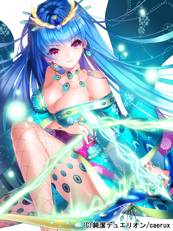 aile_(crossroads), arrow, bare_shoulders, blue_hair, bow_(weapon), breasts, cleavage, earrings