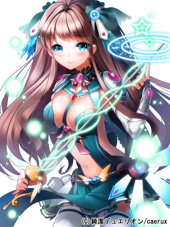 adapted_costume, aile_(crossroads), aqua_eyes, between_breasts, black_gloves, brown_hair, feathers, fingerless_gloves