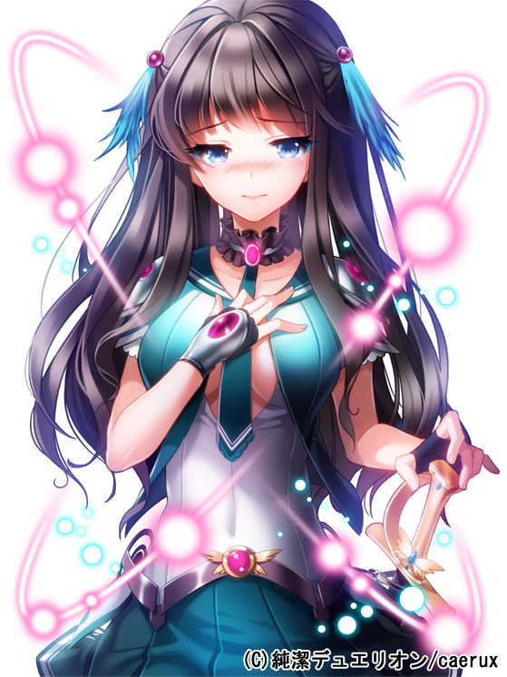 aile_(crossroads), black_gloves, black_hair, blue_eyes, blush, feathers, fingerless_gloves, gloves