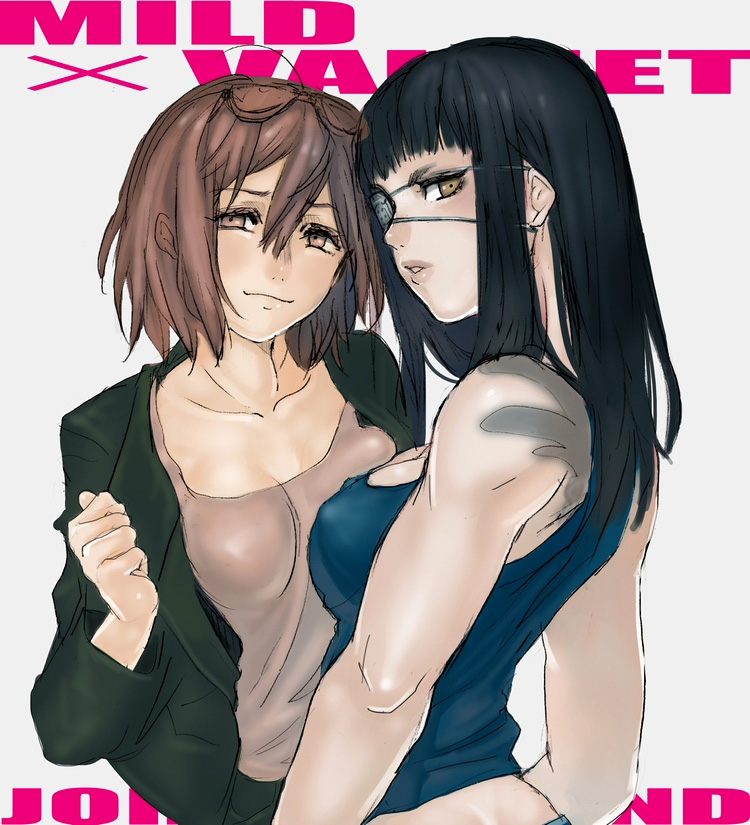black_hair, brown_hair, eyepatch, jormungand, lips, mildred, multiple_girls, shiratake, short_hair, sofia_valmer, tank_top