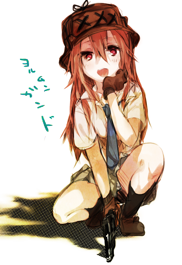 brown_hair, chinatsu_(jormungand), gloves, gun, hat, jormungand, necktie, red_eyes