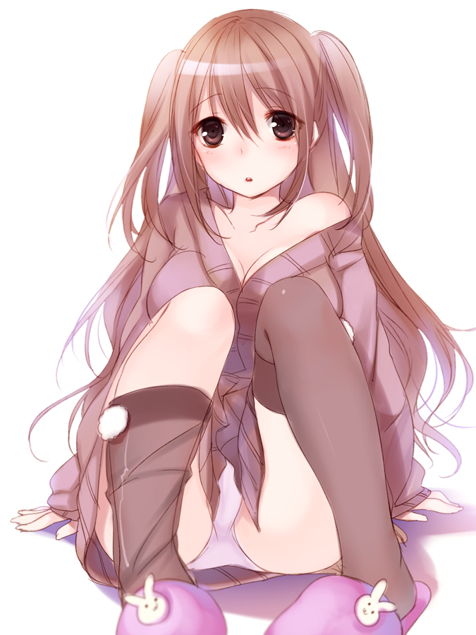 arm_support, bare_shoulders, black_legwear, blush, breasts, brown_eyes, brown_hair, cardigan